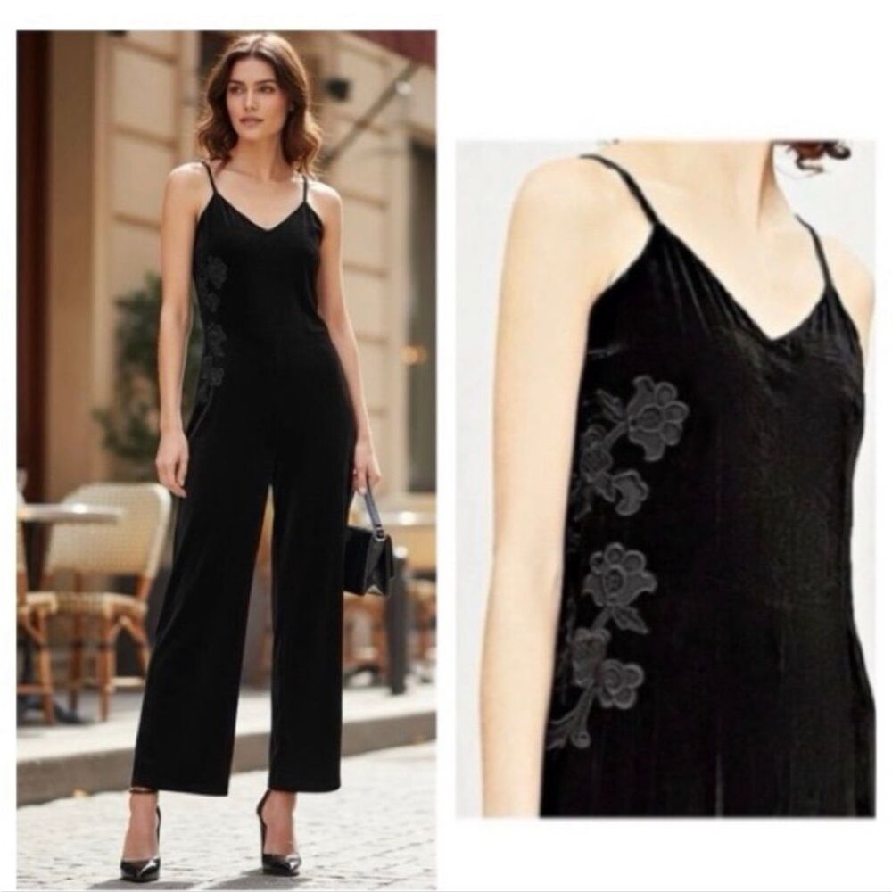 Sandro Paris Emilia Black Velvet Jumpsuit Lace Embroidered Straight Leg Sleevele - Picture 2 of 11